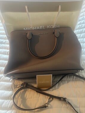 Michael Kors Taupe Saffiano Leather Dome Satchel with Strap